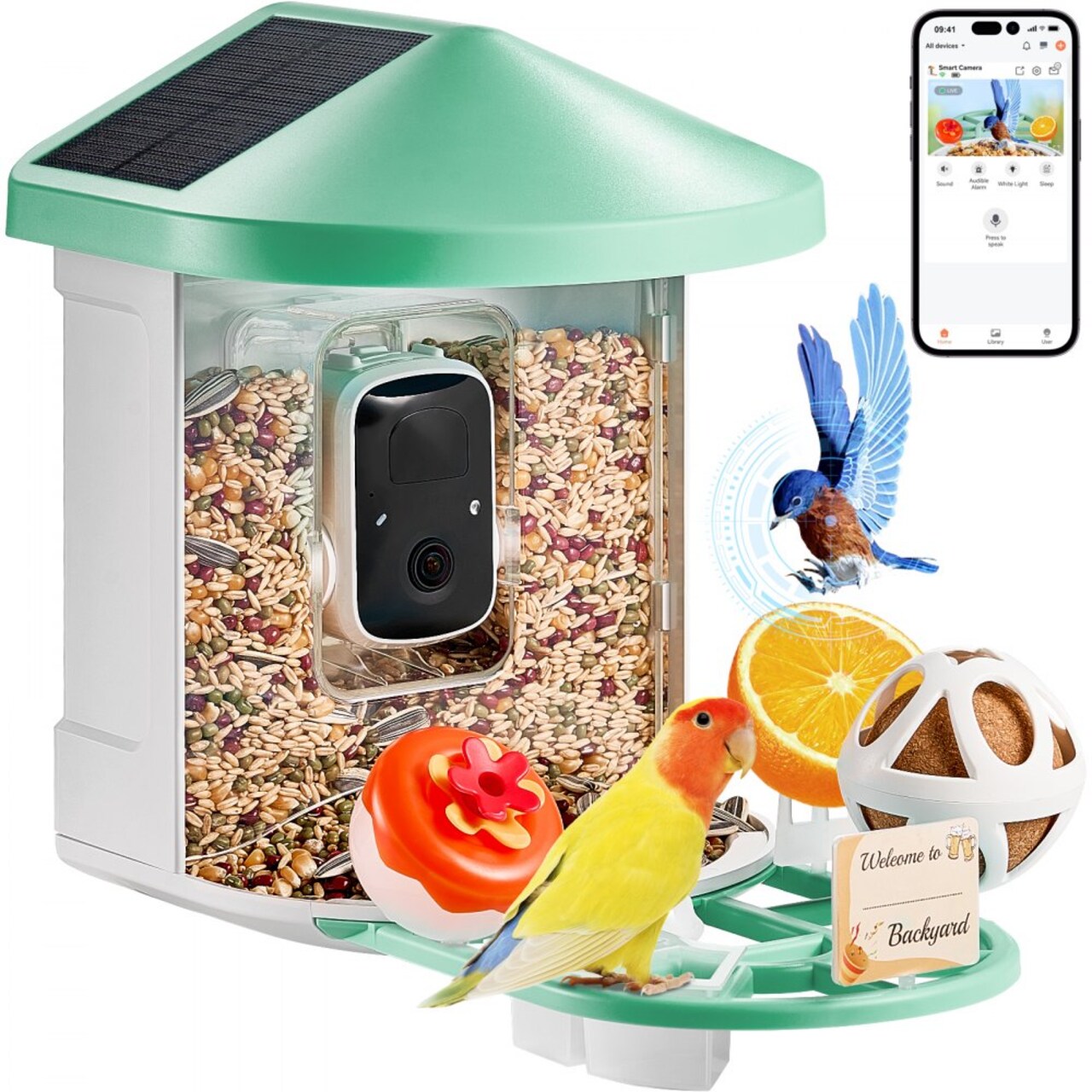 Green AI Smart Bird Feeder with 2K Camera, Solar Panels and 2L Food Container